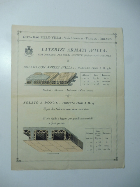 Ditta Raf. Piero Villa, Milano. Laterizi armati. Pieghevole pubblicitario